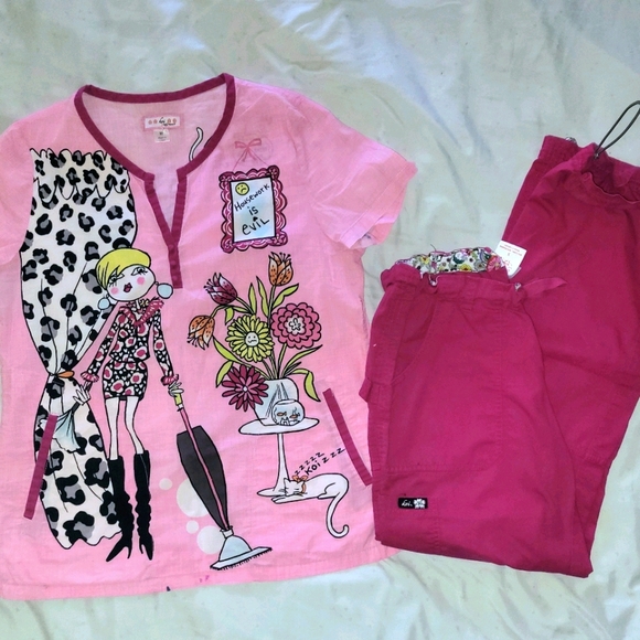 Koi Scrub Set "Homework is Evil" Med Top & Sm Pant
